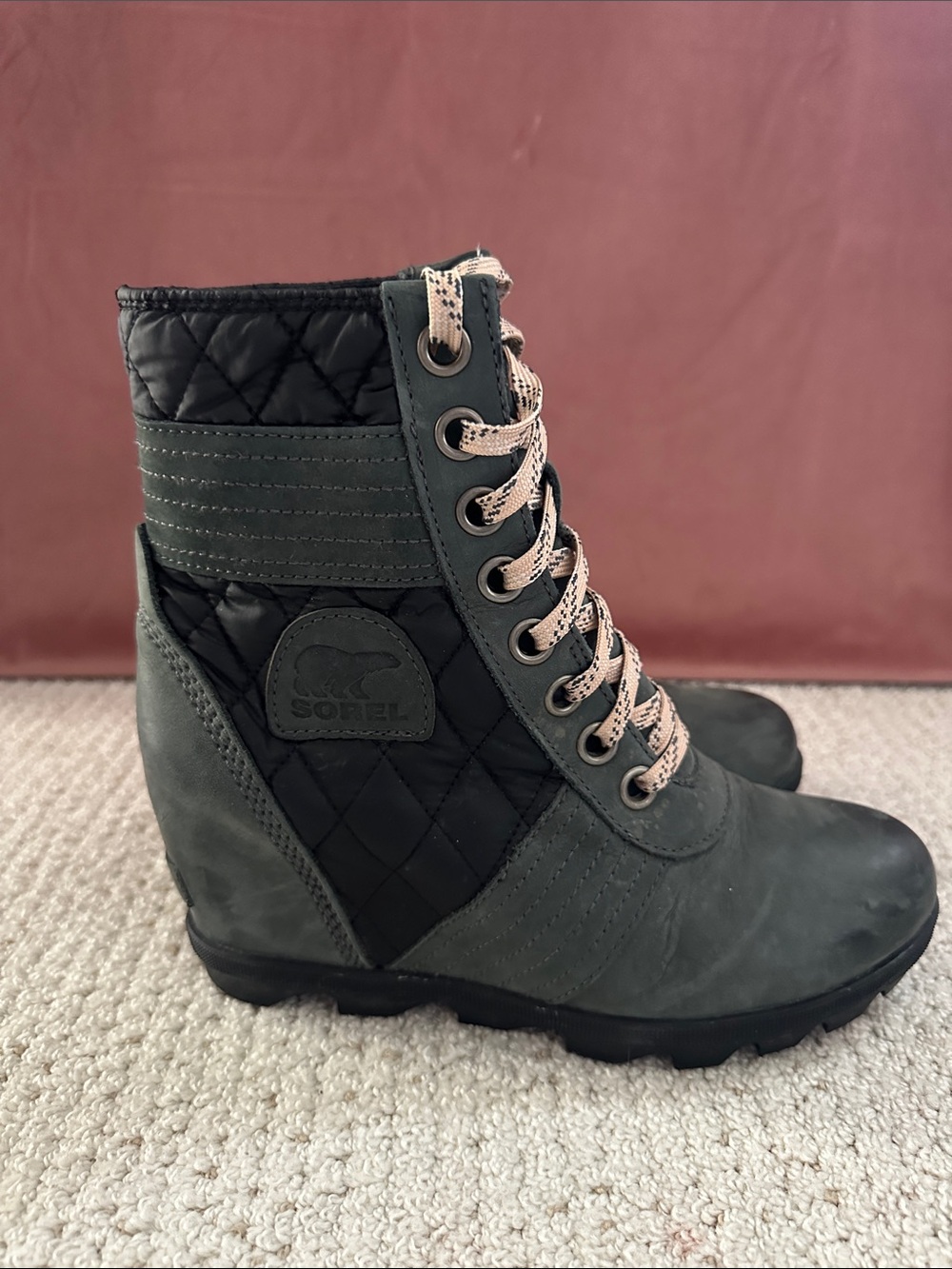 Sorel Women's Lace-Up Quilted Wedge Boot - Olive